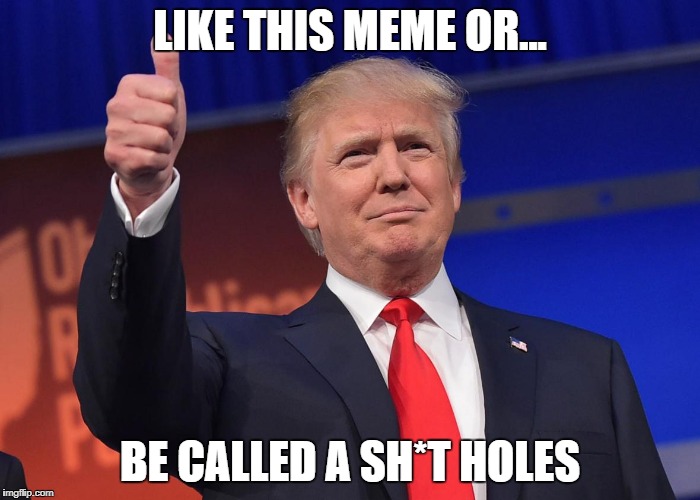 donald trump | LIKE THIS MEME OR... BE CALLED A SH*T HOLES | image tagged in donald trump | made w/ Imgflip meme maker