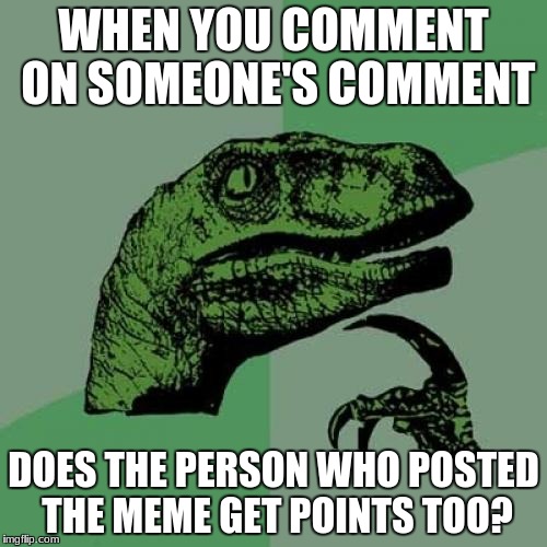 Philosoraptor Meme | WHEN YOU COMMENT ON SOMEONE'S COMMENT; DOES THE PERSON WHO POSTED THE MEME GET POINTS TOO? | image tagged in memes,philosoraptor | made w/ Imgflip meme maker