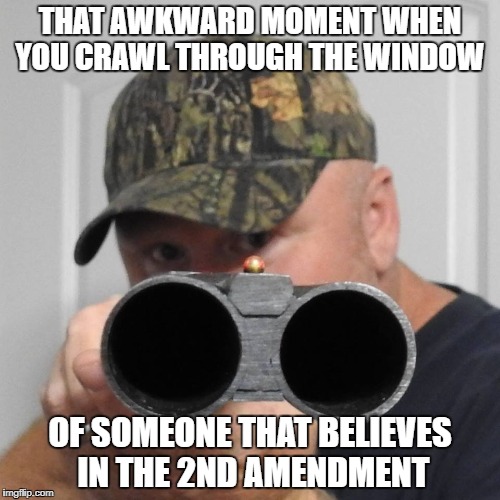 THAT AWKWARD MOMENT WHEN YOU CRAWL THROUGH THE WINDOW; OF SOMEONE THAT BELIEVES IN THE 2ND AMENDMENT | image tagged in 2nd amendment,guns | made w/ Imgflip meme maker