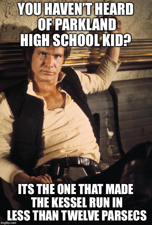 Han Solo Meme | YOU HAVEN’T HEARD OF PARKLAND HIGH SCHOOL KID? ITS THE ONE THAT MADE THE KESSEL RUN IN LESS THAN TWELVE PARSECS | image tagged in memes,han solo | made w/ Imgflip meme maker