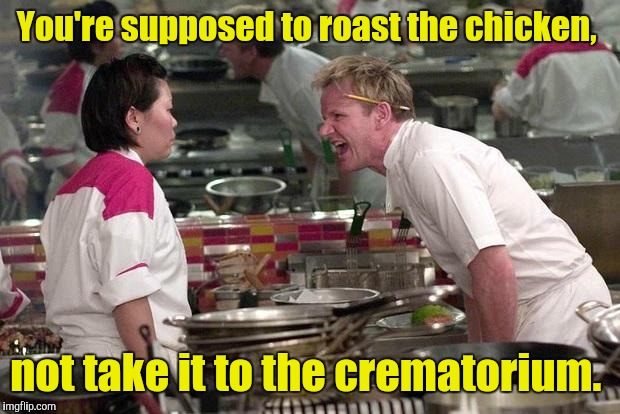 Gordon Ramsey | You're supposed to roast the chicken, not take it to the crematorium. | image tagged in gordon ramsey | made w/ Imgflip meme maker