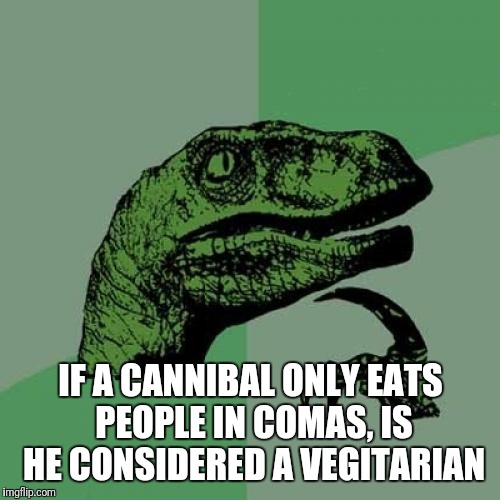Philosoraptor | IF A CANNIBAL ONLY EATS PEOPLE IN COMAS, IS HE CONSIDERED A VEGITARIAN | image tagged in memes,philosoraptor,cannibal,veganism,vegetarians,coma | made w/ Imgflip meme maker