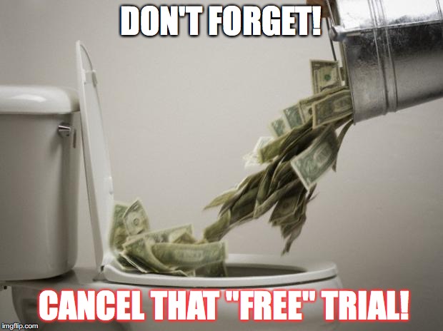 money down toilet | DON'T FORGET! CANCEL THAT "FREE" TRIAL! | image tagged in money down toilet | made w/ Imgflip meme maker