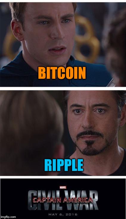 Make the right choice, friends. | BITCOIN; RIPPLE | image tagged in memes,marvel civil war 1,bitcoin,ripple,cryptocurrency | made w/ Imgflip meme maker