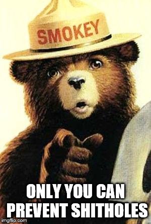 smokey the bear | ONLY YOU CAN PREVENT SHITHOLES | image tagged in smokey the bear | made w/ Imgflip meme maker