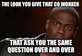 Kevin Hart Meme | THE LOOK YOU GIVE THAT CO WORKER; THAT ASK YOU THE SAME QUESTION OVER AND OVER | image tagged in memes,kevin hart the hell | made w/ Imgflip meme maker