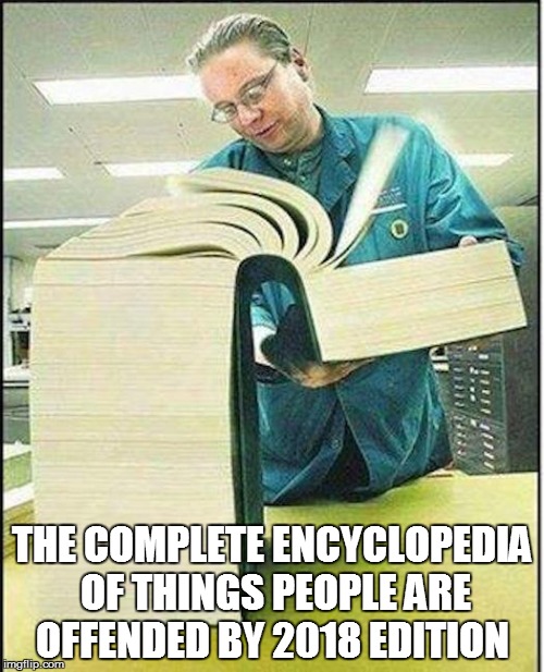 big book | THE COMPLETE ENCYCLOPEDIA OF THINGS PEOPLE ARE OFFENDED BY 2018 EDITION | image tagged in big book | made w/ Imgflip meme maker