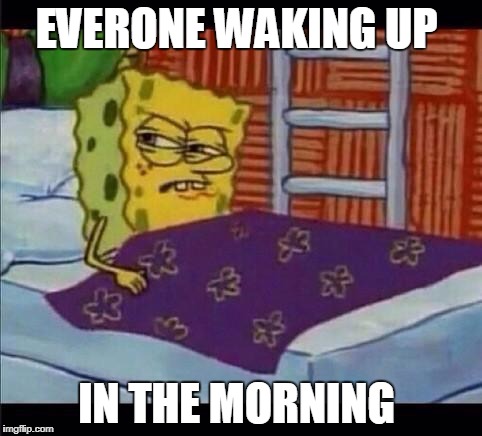 SpongeBob waking up  | EVERONE WAKING UP; IN THE MORNING | image tagged in spongebob waking up | made w/ Imgflip meme maker