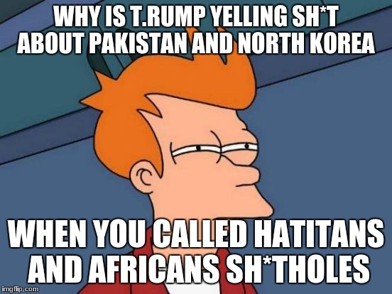 Futurama Fry | WHY IS T.RUMP YELLING SH*T ABOUT PAKISTAN AND NORTH KOREA; WHEN YOU CALLED HATITANS AND AFRICANS SH*THOLES | image tagged in memes,futurama fry,donald trump,north korea,pakistan,shithole | made w/ Imgflip meme maker
