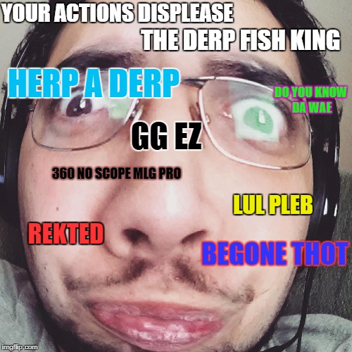 Derp fish king | YOUR ACTIONS DISPLEASE; THE DERP FISH KING; HERP A DERP; DO YOU KNOW DA WAE; GG EZ; 360 NO SCOPE MLG PRO; LUL PLEB; REKTED; BEGONE THOT | image tagged in derp,meme,funny,mlg,de wae,memes | made w/ Imgflip meme maker