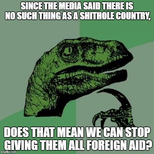Philosoraptor | SINCE THE MEDIA SAID THERE IS NO SUCH THING AS A SHITHOLE COUNTRY, DOES THAT MEAN WE CAN STOP GIVING THEM ALL FOREIGN AID? | image tagged in memes,philosoraptor | made w/ Imgflip meme maker