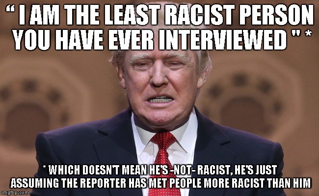 “ I AM THE LEAST RACIST PERSON YOU HAVE EVER INTERVIEWED " *; * WHICH DOESN'T MEAN HE'S -NOT- RACIST, HE'S JUST ASSUMING THE REPORTER HAS MET PEOPLE MORE RACIST THAN HIM | image tagged in trump | made w/ Imgflip meme maker