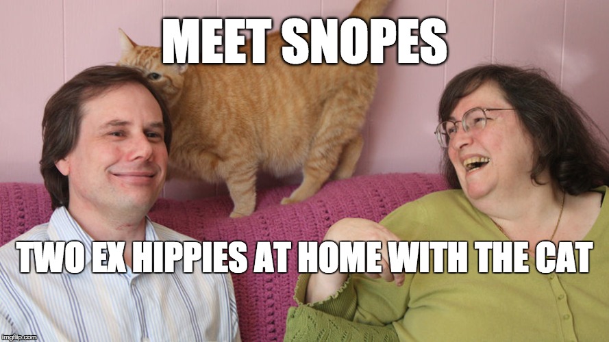 snopes is fake news | MEET SNOPES; TWO EX HIPPIES AT HOME WITH THE CAT | image tagged in snopes is fake news | made w/ Imgflip meme maker