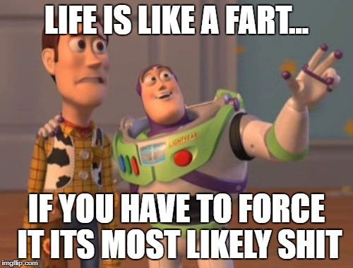 X, X Everywhere Meme | LIFE IS LIKE A FART... IF YOU HAVE TO FORCE IT ITS MOST LIKELY SHIT | image tagged in memes,x x everywhere | made w/ Imgflip meme maker