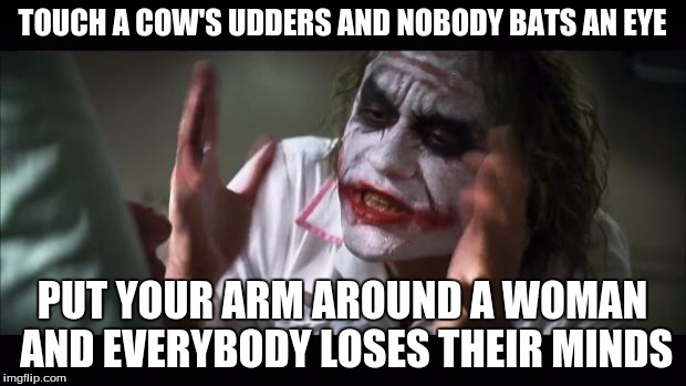 Fememeism-Joker | TOUCH A COW'S UDDERS AND NOBODY BATS AN EYE; PUT YOUR ARM AROUND A WOMAN AND EVERYBODY LOSES THEIR MINDS | image tagged in memes,and everybody loses their minds,joker,the joker,batman | made w/ Imgflip meme maker