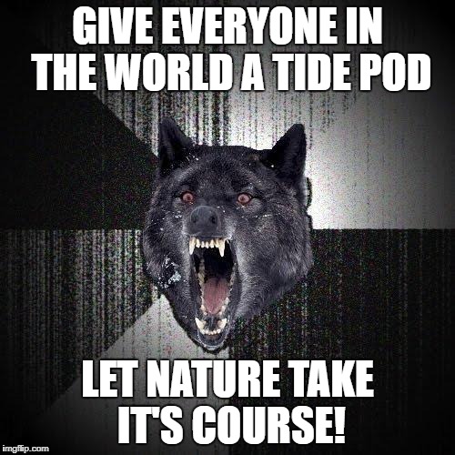 Insanity Wolf Meme | GIVE EVERYONE IN THE WORLD A TIDE POD; LET NATURE TAKE IT'S COURSE! | image tagged in memes,insanity wolf | made w/ Imgflip meme maker