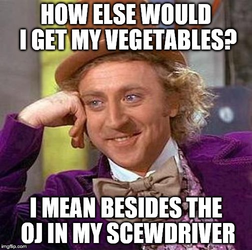 Creepy Condescending Wonka Meme | HOW ELSE WOULD I GET MY VEGETABLES? I MEAN BESIDES THE OJ IN MY SCEWDRIVER | image tagged in memes,creepy condescending wonka | made w/ Imgflip meme maker