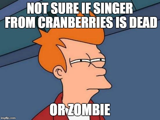 Futurama Fry Meme | NOT SURE IF SINGER FROM CRANBERRIES IS DEAD; OR ZOMBIE | image tagged in memes,futurama fry | made w/ Imgflip meme maker