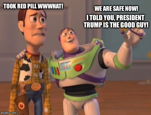 X, X Everywhere Meme | WE ARE SAFE NOW! I TOLD YOU, PRESIDENT TRUMP IS THE GOOD GUY! TOOK RED PILL WWWHAT! | image tagged in memes,x x everywhere | made w/ Imgflip meme maker