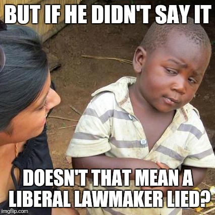 Third World Skeptical Kid Meme | BUT IF HE DIDN'T SAY IT DOESN'T THAT MEAN A LIBERAL LAWMAKER LIED? | image tagged in memes,third world skeptical kid | made w/ Imgflip meme maker