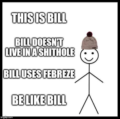 spray? | THIS IS BILL; BILL DOESN'T LIVE IN A SHITHOLE; BILL USES FEBREZE; BE LIKE BILL | image tagged in be like bill,shithole,smell good,front page | made w/ Imgflip meme maker