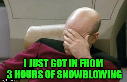 Captain Picard Facepalm Meme | I JUST GOT IN FROM 3 HOURS OF SNOWBLOWING | image tagged in memes,captain picard facepalm | made w/ Imgflip meme maker