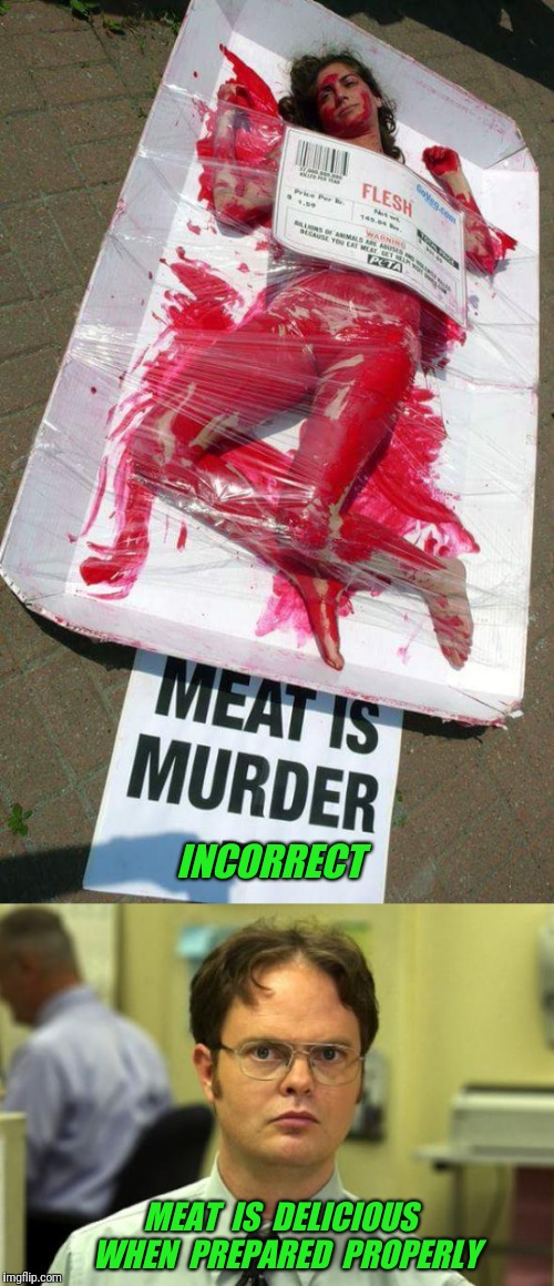 Radical veganism meats common sense | INCORRECT; MEAT  IS  DELICIOUS  WHEN  PREPARED  PROPERLY | image tagged in meat,peta,dwight schrute | made w/ Imgflip meme maker
