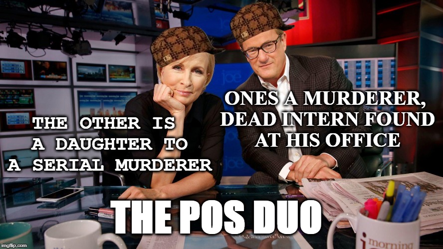 The POS Duo | THE OTHER IS A DAUGHTER TO A SERIAL MURDERER; ONES A MURDERER, DEAD INTERN FOUND AT HIS OFFICE; THE POS DUO | image tagged in memes,funny,joe scarborough,mika brzezinski,political meme,woke | made w/ Imgflip meme maker
