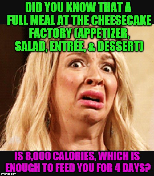 I had a heart attack just looking at the menu! | DID YOU KNOW THAT A FULL MEAL AT THE CHEESECAKE FACTORY (APPETIZER, SALAD, ENTRÉE, & DESSERT); IS 8,000 CALORIES, WHICH IS ENOUGH TO FEED YOU FOR 4 DAYS? | image tagged in horrified,cheesecake factory,calories | made w/ Imgflip meme maker