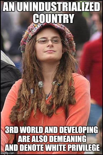 AN UNINDUSTRIALIZED  COUNTRY 3RD WORLD AND DEVELOPING ARE ALSO DEMEANING AND DENOTE WHITE PRIVILEGE | made w/ Imgflip meme maker