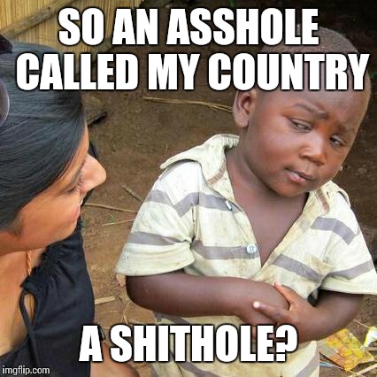Third World Skeptical Kid Meme | SO AN ASSHOLE CALLED MY COUNTRY; A SHITHOLE? | image tagged in memes,third world skeptical kid | made w/ Imgflip meme maker