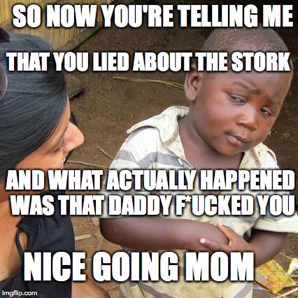 Third World Skeptical Kid | SO NOW YOU'RE TELLING ME; THAT YOU LIED ABOUT THE STORK; AND WHAT ACTUALLY HAPPENED WAS THAT DADDY F*UCKED YOU; NICE GOING MOM | image tagged in memes,third world skeptical kid | made w/ Imgflip meme maker
