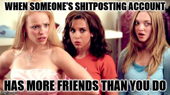 mean girls shocked | WHEN SOMEONE'S SHITPOSTING ACCOUNT; HAS MORE FRIENDS THAN YOU DO | image tagged in mean girls shocked,shitpost,facebook | made w/ Imgflip meme maker