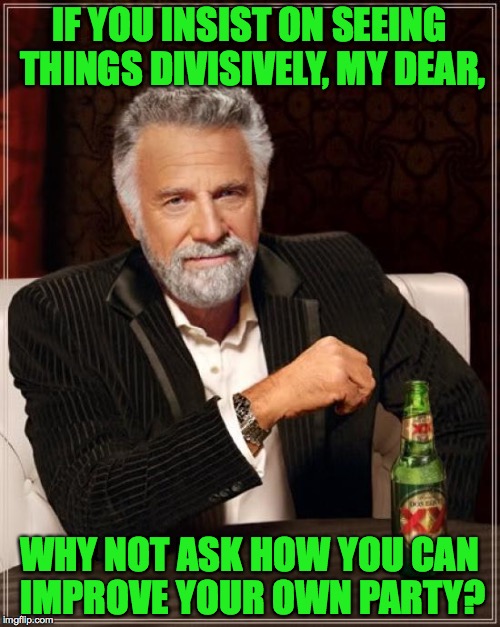 The Most Interesting Man In The World Meme | IF YOU INSIST ON SEEING THINGS DIVISIVELY, MY DEAR, WHY NOT ASK HOW YOU CAN IMPROVE YOUR OWN PARTY? | image tagged in memes,the most interesting man in the world | made w/ Imgflip meme maker