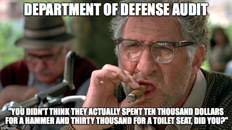 DEPARTMENT OF DEFENSE AUDIT; "YOU DIDN'T THINK THEY ACTUALLY SPENT TEN THOUSAND DOLLARS FOR A HAMMER AND THIRTY THOUSAND FOR A TOILET SEAT, DID YOU?" | made w/ Imgflip meme maker