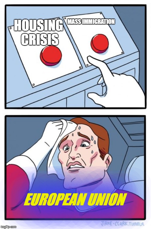 Two Buttons Meme | MASS IMMIGRATION; HOUSING CRISIS; EUROPEAN UNION | image tagged in memes,two buttons | made w/ Imgflip meme maker
