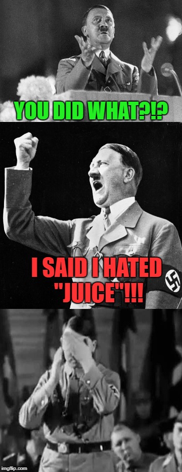 Let the offended begin!!! | YOU DID WHAT?!? I SAID I HATED "JUICE"!!! | image tagged in bad pun hitler,memes,hitler,funny,just jokes,adolf | made w/ Imgflip meme maker