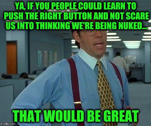 That Would Be Great Meme | YA, IF YOU PEOPLE COULD LEARN TO PUSH THE RIGHT BUTTON AND NOT SCARE US INTO THINKING WE'RE BEING NUKED... THAT WOULD BE GREAT | image tagged in memes,that would be great | made w/ Imgflip meme maker