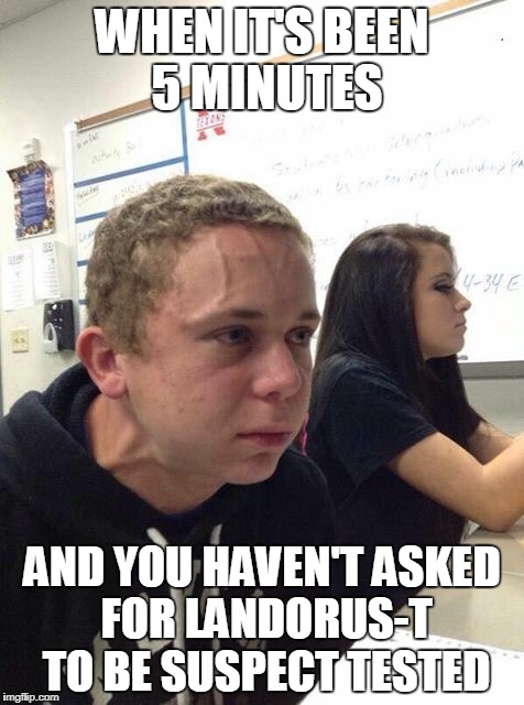 Straining kid | WHEN IT'S BEEN 5 MINUTES; AND YOU HAVEN'T ASKED FOR LANDORUS-T TO BE SUSPECT TESTED | image tagged in straining kid | made w/ Imgflip meme maker