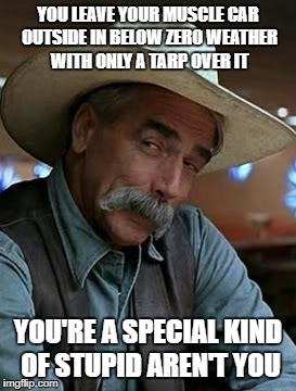 Sam Elliot | YOU LEAVE YOUR MUSCLE CAR OUTSIDE IN BELOW ZERO WEATHER WITH ONLY A TARP OVER IT; YOU'RE A SPECIAL KIND OF STUPID AREN'T YOU | image tagged in sam elliot | made w/ Imgflip meme maker