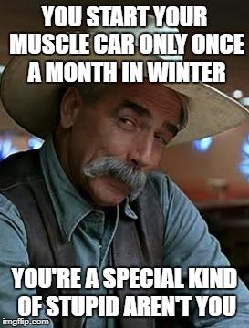 Sam Elliot | YOU START YOUR MUSCLE CAR ONLY ONCE A MONTH IN WINTER; YOU'RE A SPECIAL KIND OF STUPID AREN'T YOU | image tagged in sam elliot | made w/ Imgflip meme maker