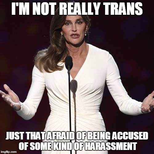 Brucaitlyn Jenner | I'M NOT REALLY TRANS; JUST THAT AFRAID OF BEING ACCUSED OF SOME KIND OF HARASSMENT | image tagged in brucaitlyn jenner | made w/ Imgflip meme maker