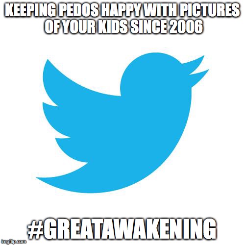 Twitter birds says | KEEPING PEDOS HAPPY WITH PICTURES OF YOUR KIDS SINCE 2006; #GREATAWAKENING | image tagged in twitter birds says | made w/ Imgflip meme maker