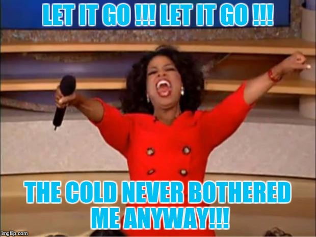 Oprah You Get A Meme | LET IT GO !!! LET IT GO !!! THE COLD NEVER BOTHERED ME ANYWAY!!! | image tagged in memes,oprah you get a | made w/ Imgflip meme maker
