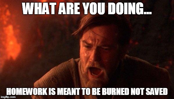 You Were The Chosen One (Star Wars) Meme | WHAT ARE YOU DOING... HOMEWORK IS MEANT TO BE BURNED NOT SAVED | image tagged in memes,you were the chosen one star wars | made w/ Imgflip meme maker