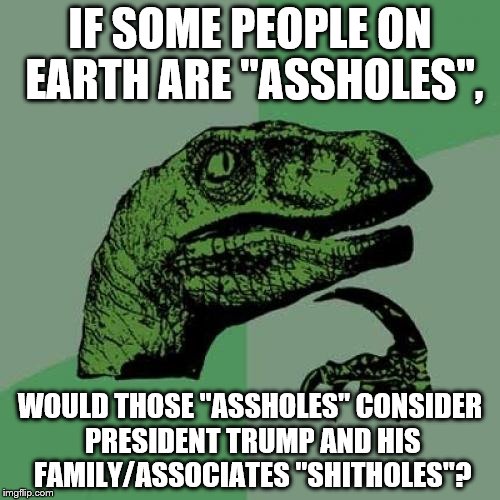 A-Holes vs S-Holes | IF SOME PEOPLE ON EARTH ARE "ASSHOLES", WOULD THOSE "ASSHOLES" CONSIDER PRESIDENT TRUMP AND HIS FAMILY/ASSOCIATES "SHITHOLES"? | image tagged in memes,philosoraptor,nsfw,donald trump,president trump | made w/ Imgflip meme maker