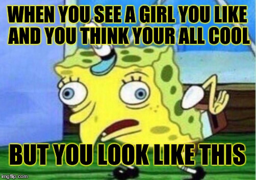 Mocking Spongebob | WHEN YOU SEE A GIRL YOU LIKE AND YOU THINK YOUR ALL COOL; BUT YOU LOOK LIKE THIS | image tagged in memes,mocking spongebob | made w/ Imgflip meme maker