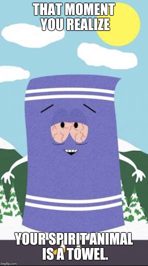 Don't forget to bring a towel |  THAT MOMENT YOU REALIZE; YOUR SPIRIT ANIMAL IS A TOWEL. | image tagged in towelie,spirit animal,memes,south park,weed | made w/ Imgflip meme maker