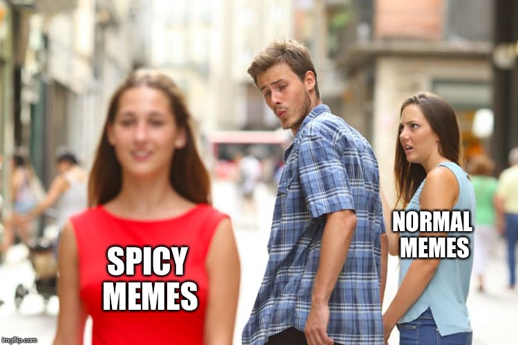 Spicy memes | NORMAL MEMES; SPICY MEMES | image tagged in memes,distracted boyfriend | made w/ Imgflip meme maker