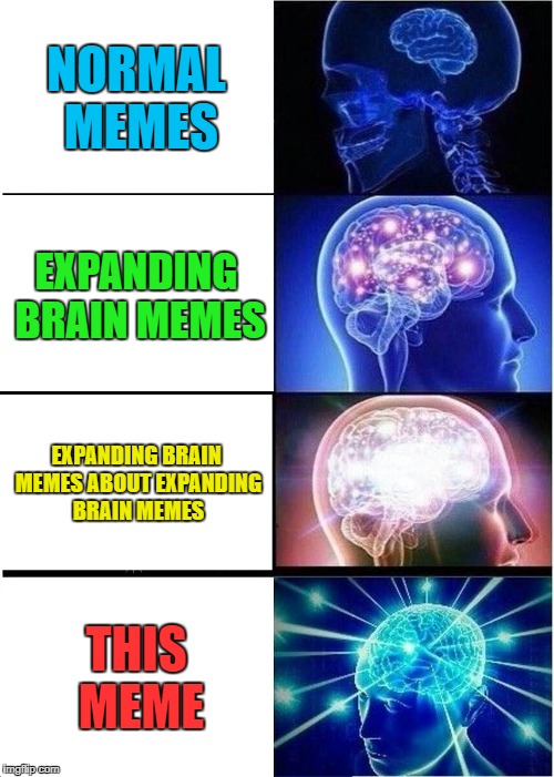 No such thing as "Too Meta". | NORMAL MEMES; EXPANDING BRAIN MEMES; EXPANDING BRAIN MEMES ABOUT EXPANDING BRAIN MEMES; THIS MEME | image tagged in memes,expanding brain,funny,inception,lol | made w/ Imgflip meme maker
